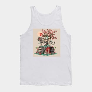 white tiger on top of a skull behind it a beautiful sakura tree and a black tomb Tank Top